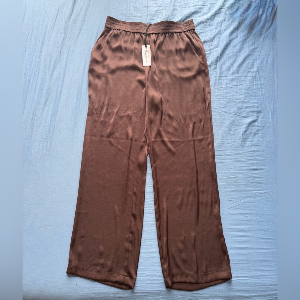 The Reset R Label Brown Satin Pants Large Wide Leg Pockets Elastic Waist NWT